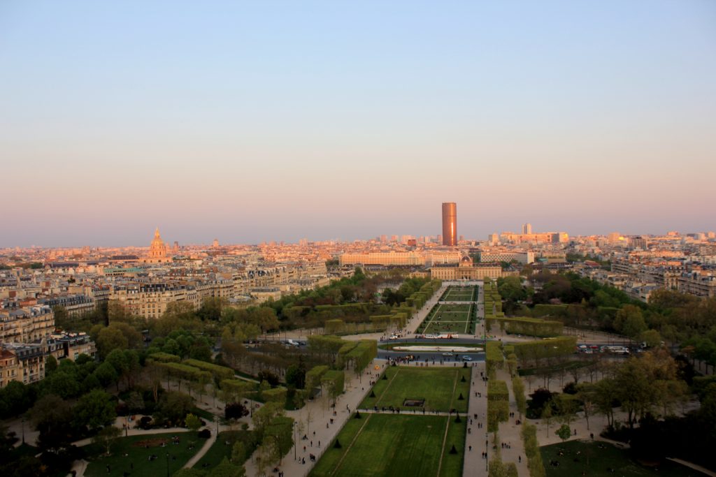 View from the tower of the The Champ de Mars Park at sunset